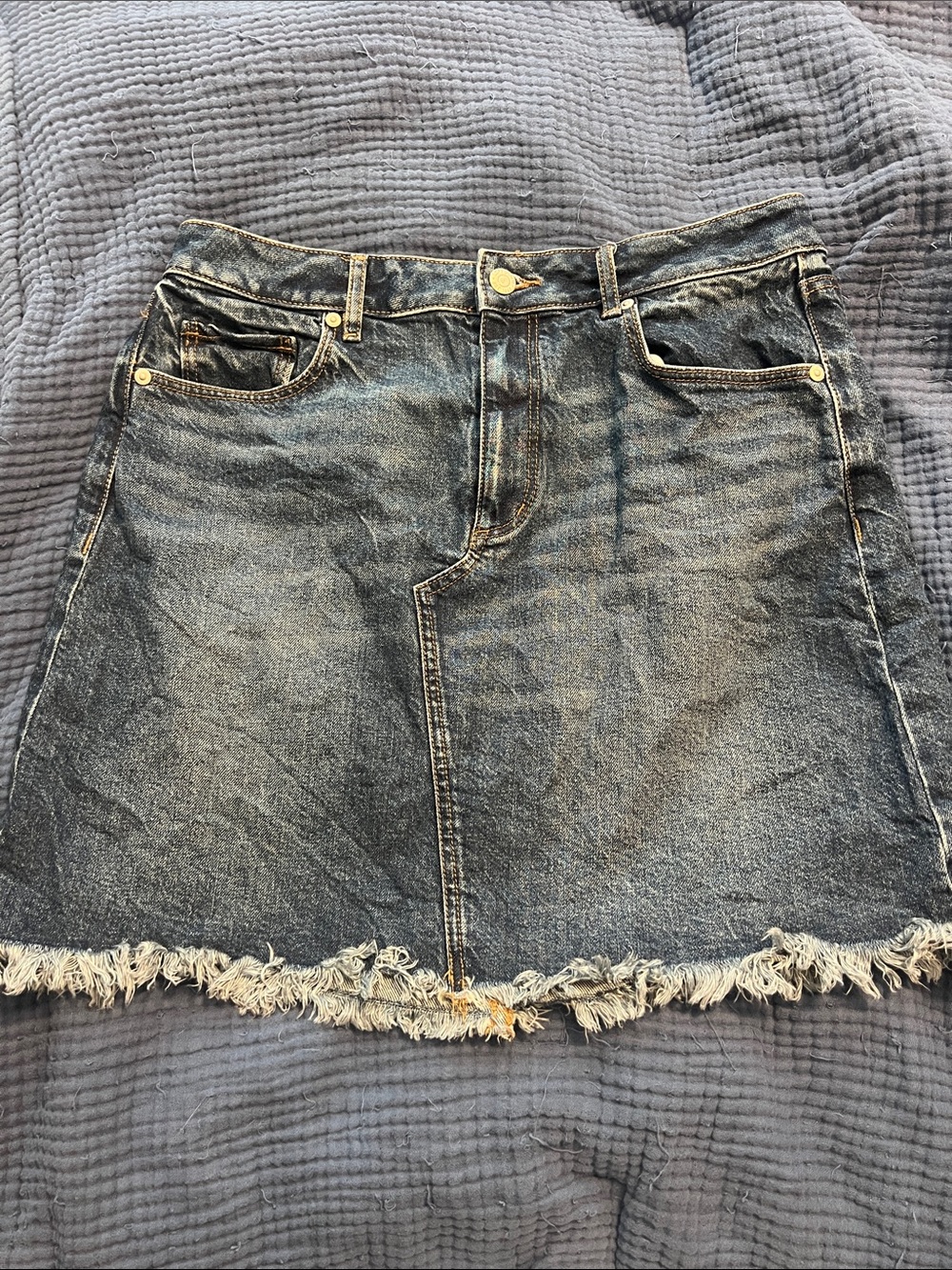 LOFT Distressed Dark Blue Denim Mini Skirt with Frayed Hem